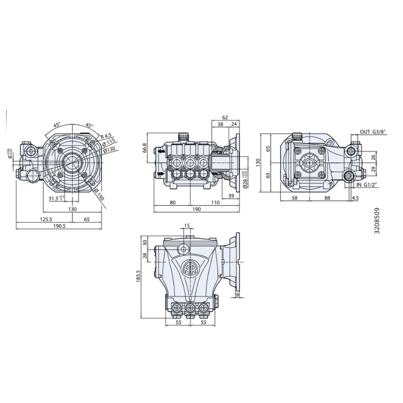 Dimension ปั๊มน้ำแรงดันสูง ANNOVI รุ่น RC 14.16 C + F44